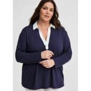 NWT Torrid Heritage Jersey Collared Long Sleeve Tee Navy 1X